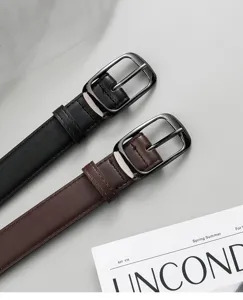 Minimalist women leather belt set in black and brown with sleek metal buckle for daily casual jeans.
