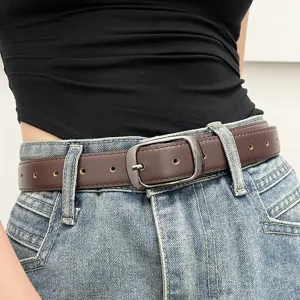 Women casual brown leather belt stylish metal buckle jeans belt versatile accessory chic