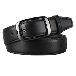 Classic black women's leather belt with stylish dark metal buckle, versatile casual accessory.