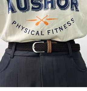 Unisex elastic braided belt with metal buckle and leather loop casual trousers canvas waist belt