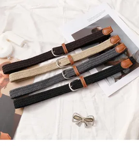 Woven elastic belt for men and women, stretch braided casual waist belt with metal buckle.