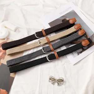 Unisex stretch braided belt with metal buckle and leather ends for casual jeans wear.