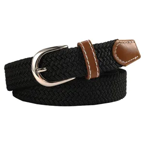 Unisex braided elastic belt with metal buckle and leather tip for casual jeans daily wear.