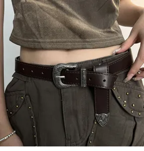 Retro vintage western carved metal buckle brown leather women belt fashion accessory