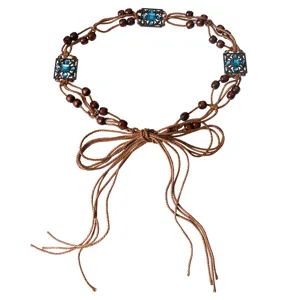 Bohemian braided waist chain with brown cords wooden beads and blue crystal square decors for women.