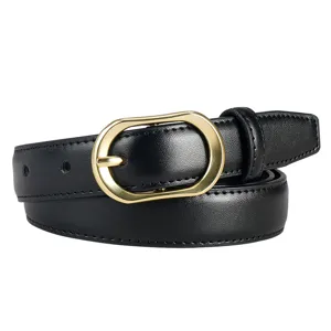 Minimalist black leather belt for women featuring an elegant gold oval buckle main view.