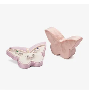 Detailed view of the pink velvet butterfly jewelry box open and closed, premium display.