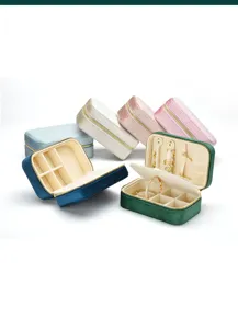 Detailed view of portable velvet jewelry box interior compartments, ring slots and zipper.