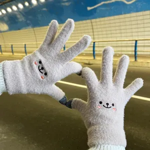 Women winter warm cute touch screen knitted gloves with lovely bear embroidery for daily wear.
