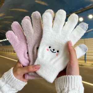 Women winter warm knit touchscreen gloves cute bear embroidery thick plush thermal gloves