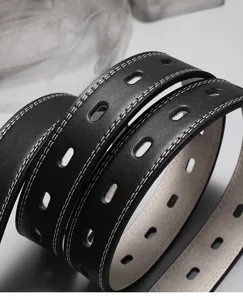 Black leather belt for women with white contrast stitching and trendy oval punched holes for jeans.
