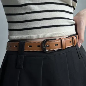 Women retro brown leather belt with metal buckle, casual waist strap for jeans and skirts.