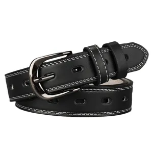 Black leather belt with metal pin buckle and full punch holes classic casual design.