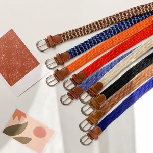 Women's braided canvas belt with pin buckle casual elastic woven belt for jeans.