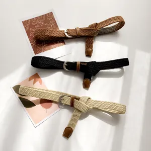 Woven stretch belt for women, casual canvas elastic waist belt with metal pin buckle.