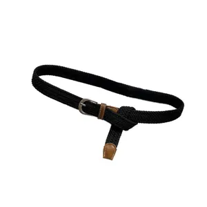 Black woven stretch belt for women, elastic casual belt with leather trim for jeans.