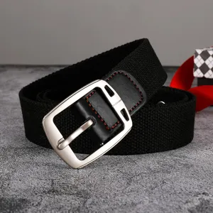 Mens casual canvas belt black fabric waistband with durable silver buckle for jeans trousers.