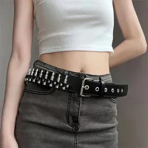 Unisex Punk Style Faux Leather Belt With Metal Bullet Rivets Black Gothic Y2K Cool Streetwear Waist Band For Jeans