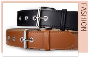Close-up of punk style PU leather belts with silver metal buckles and eyelets detail view.