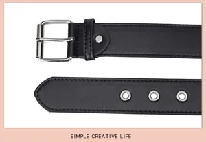Black PU leather belt with silver metal buckle and eyelet rivets for punk style jeans wear.