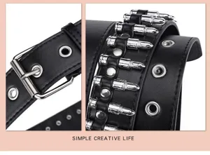 Close up detail shot of punk style black PU leather belt with silver grommets and bullets.