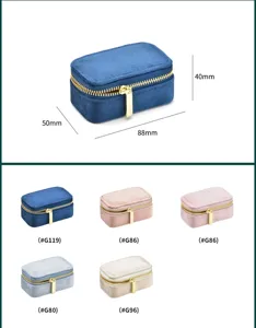 Velvet jewelry box detail view showing compact size, smooth zipper, and multi-color options.