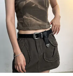 Retro vintage black leather waist belt with intricate silver carved buckle for women skirts.