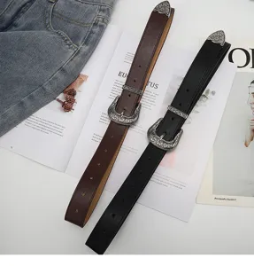Retro women leather belt with vintage carved metal buckle set, fashion accessory for dresses.