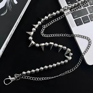Punk style metal pant chain with double layer beads and spikes for street outfits.