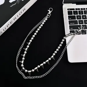 Stylish double layer metal pants chain with beads and spikes for punk gothic streetwear outfits.