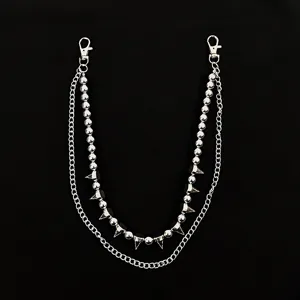 Punk double layer metal pants chain with beads and cool spikes, hip hop wallet chain for men.