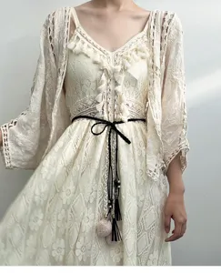 Ensemble robe chaîne de taille à franges tressées vintage, élégante robe en dentelle bohème.