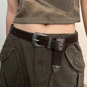 Women retro western carved metal buckle leather belt main view showing stylish waist accessory.