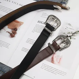 Vintage western leather belt for women with carved metal buckle retro waist strap chic