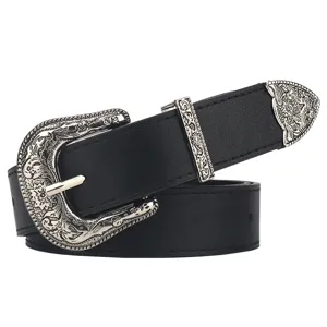 Women vintage western black leather belt with ornate silver engraved buckle and tip.