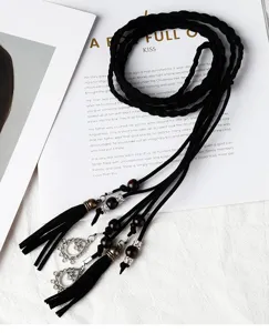 Ceinture tressée noire rétro avec glands et perles pour robe de femmes décoration accessoire