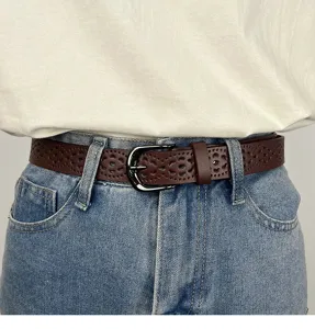 Women's brown hollow out leather belt for casual jeans pants decorative waist strap