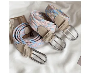 Women braided stretch belt with metal buckle, casual canvas woven waistband for jeans.