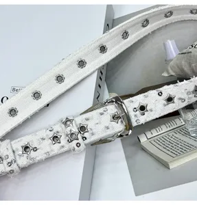 White denim rhinestone star belt Y2K style distressed canvas belt with metal buckle