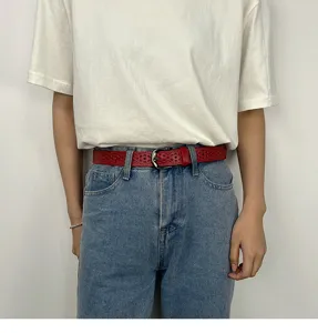 Women red hollow leather belt stylish punched waist strap for jeans casual daily wear