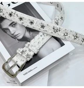 White denim belt featuring silver star grommets and sparkling sequins for a trendy Y2K look.