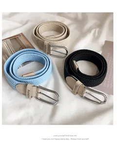 Women elastic braided belt stretch canvas waist belt casual jeans decorative pin buckle