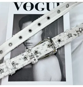 White denim belt featuring star-shaped metal eyelets, sequins, and a chic Y2K hot girl style.