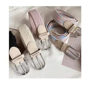 Women versatile canvas decorative elastic stretch braided belt pin buckle jeans waist