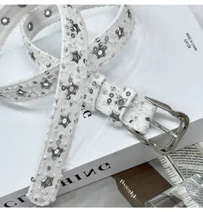 White denim star sequin belt Y2K distressed cute grommet belt for trendy women outfits