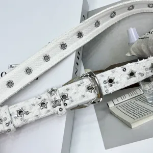 Trendy white denim star grommet belt Y2K distressed sequin canvas waist strap for women