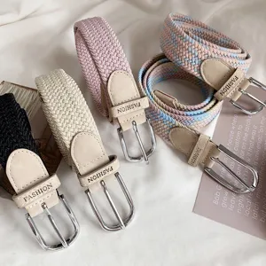 Women's Casual Canvas Elastic Braided Belt Vintage Woven Stretch Belts With Metal Pin Buckle For Jeans Dresses