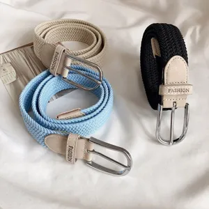 Women's braided elastic belt set with metal pin buckle, casual stretch woven waist strap.