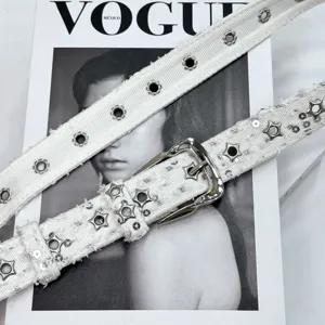 White denim sequin star belt Y2K distressed canvas belt with metal eyelets main view