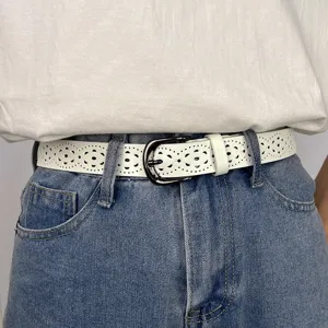 White hollow out leather belt for women stylish casual punch waist belt for denim jeans
